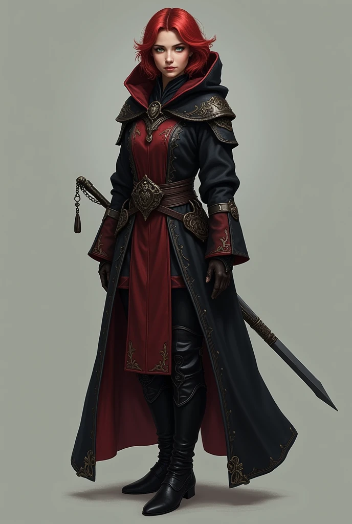  Generate an image in the style of d &d, of an Elf  ( female), Medium short Red Hair ,  green eyes , 1,65m,  With black robes with red details,  and a long hoodie ,  Black knee-length boots . A rapier around the waist .