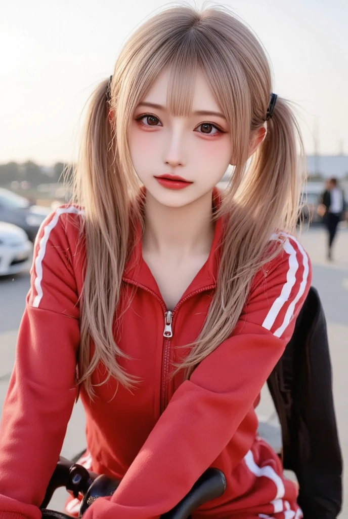 1girl,Pink Hair,low twintails,The jacket is a red track jacket.,Red sweatpants:1.3,Ultra-detailed eyes,Red Eyes,sensuous,Glowing Skin,blush,Sigh,Wet,she is riding a bicycle,Ass close up,Big Ass,Light of the sun,overlooking,Glitter effect,smile