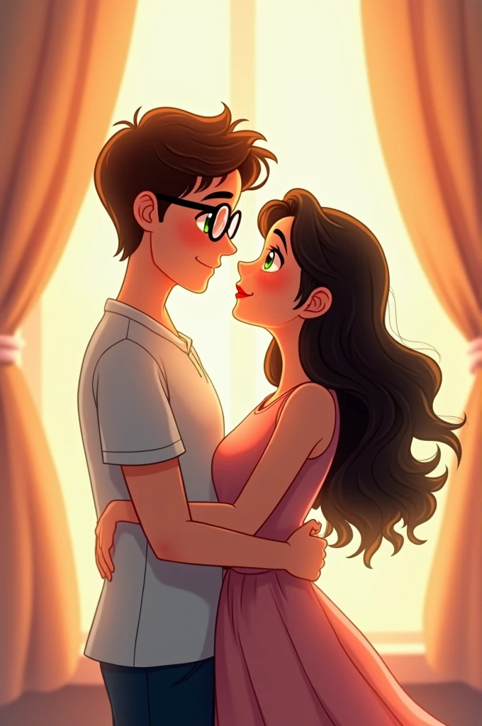 A picture of a couple having their first kiss in a room under construction he is a little taller than her together with his black hair he with a yellow shirt and she with a short pink shirt It was the darkness he was leaning against the wall make them animated he hugging her and they have their eyes closed put a blue dress on the girl