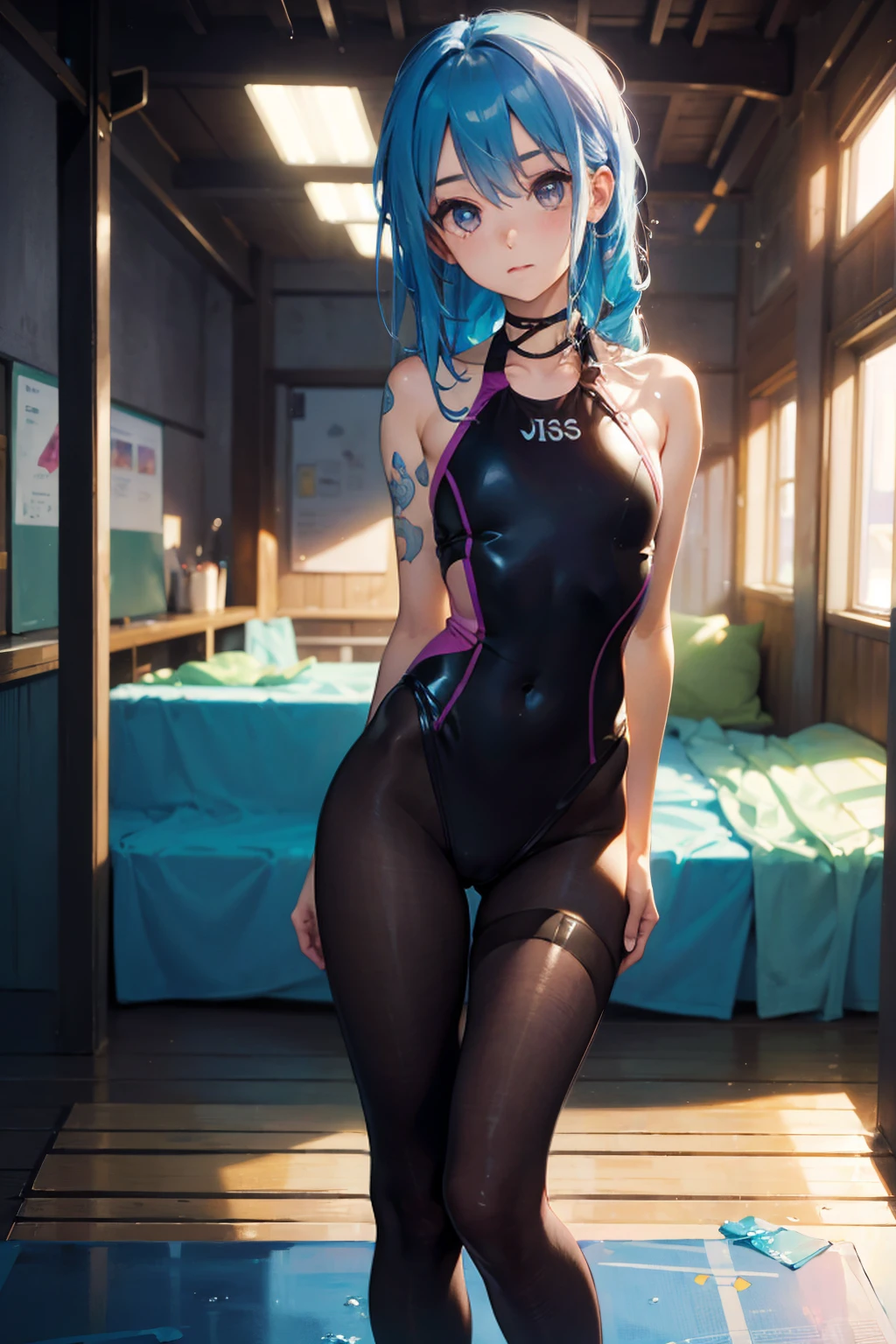 1 fille, seulement, (NSFW (en anglais seulement)), jolie girl from 18 to two queues, ((perfect female body)), (maquillage mignon du visage), multiple (cheveux de couleur arc-en-ciel: 1.2), (beautiful detailed blue eyes: 1.6), (Photo Realistic Eyes: 1.6), ((Des yeux parfaits: 1.6)), content, Ukrainien, (petite body), ((petites hanches)), ((pale white skin:1.2)), (micro bikini et haut tube: 1.2), ((collants mats: 1.6)), (("TRON LEGACY ville futuriste" style background)), (la nuit:1.2)