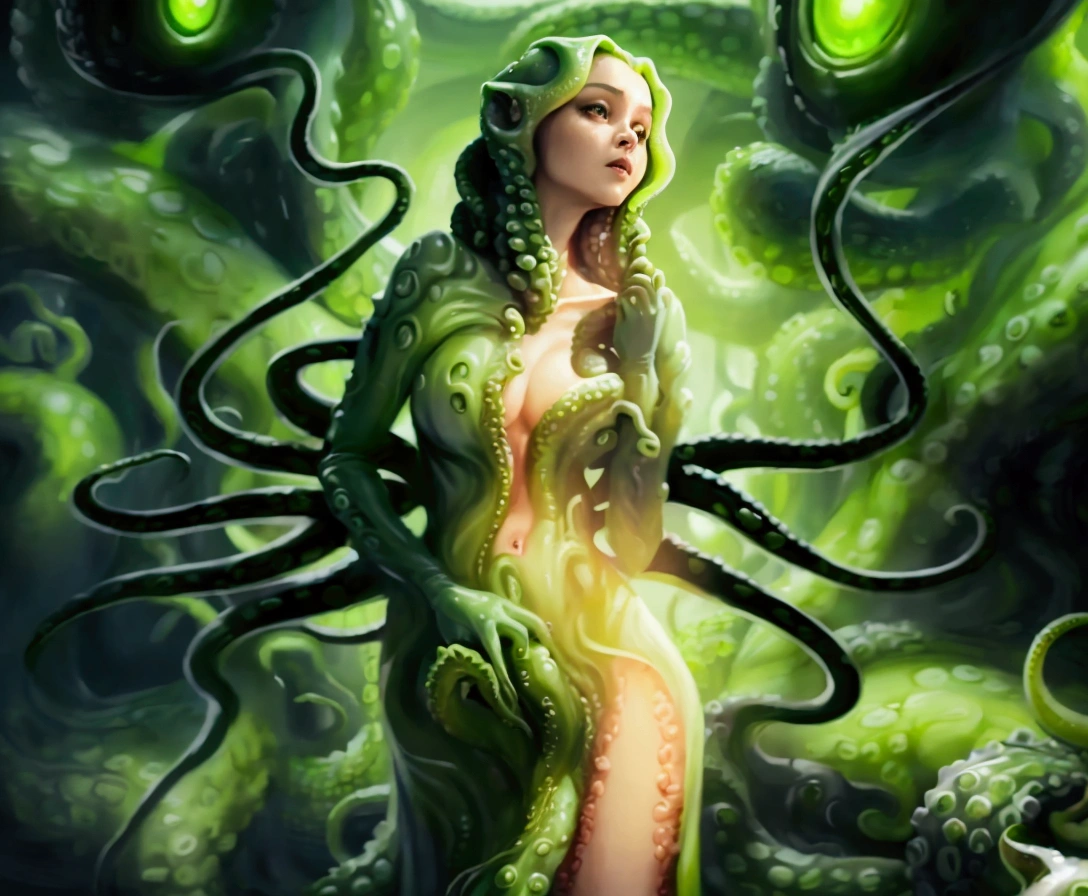 a poster of a woman in a green costume with Tentacless, covered with Tentacless, Alien Woman, Alien Girl, alien Tentacless, Hot reptilian human woman, Sil from seeds, movie still of the Alien Girl, Mystical Goddess, wrapped in black Tentacless, Female Aliens , some Tentacless are touching her, Tentacles, Cthulu