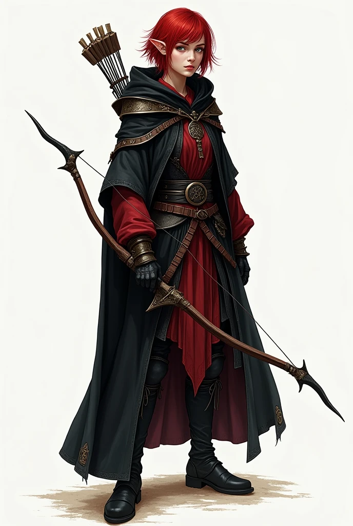  Generate an image in the style of d &d, of an Elf  ( female), Medium short Red Hair ,  green eyes , 1,65m,  With black robes with red details,  and a long hoodie ,  Black knee-length boots . A rapier around the waist , And a bow in the back.