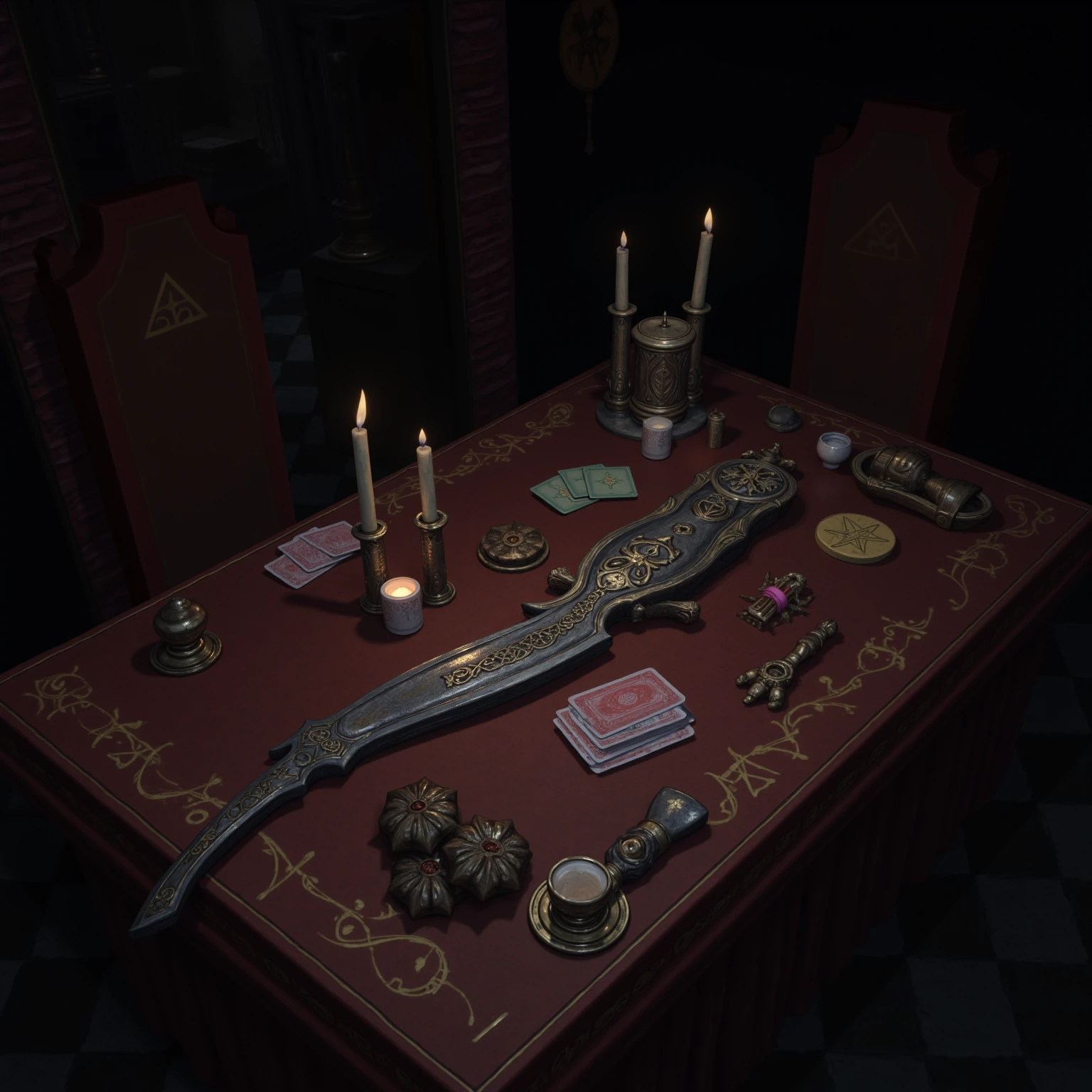  ritual items on a special table, magic candles , a knife,  Magic symbols , magic attributes, Playing cards