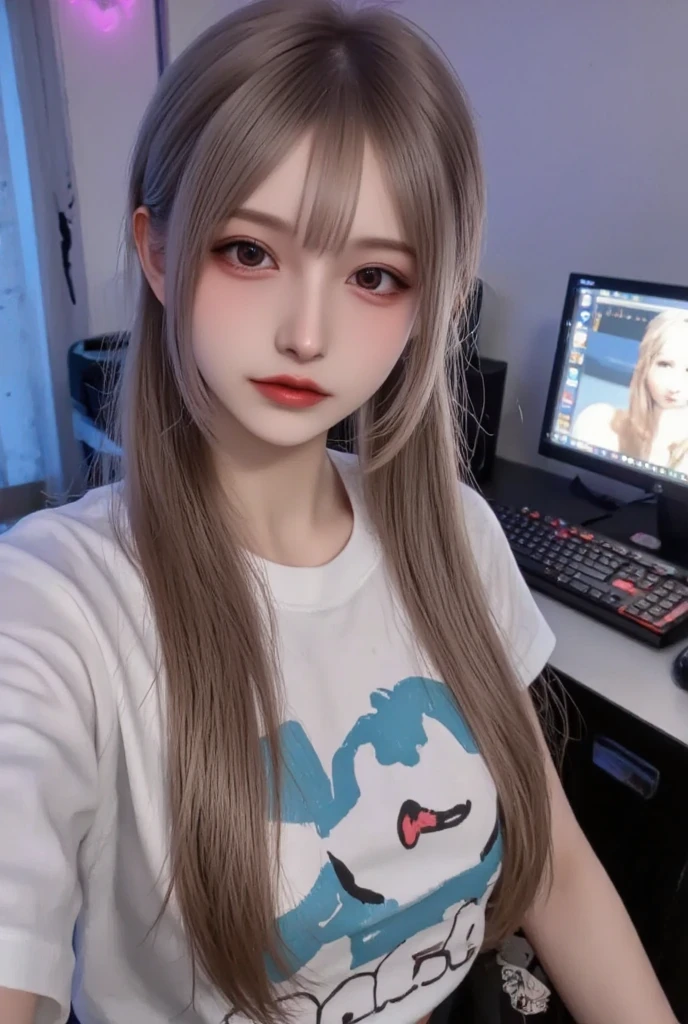 1girl,solo,two-toned hair,blonde hair,aqua hair,long twintails,hair over one eye,slender body,small breasts,long oversized T-shirt,gamer girl,one bare shoulder,losing shirt,bare legs,one arm out selfie,sexy pose,dynamic angle,detailed background,gamer room,night, neon lights,shadows,highly detailed