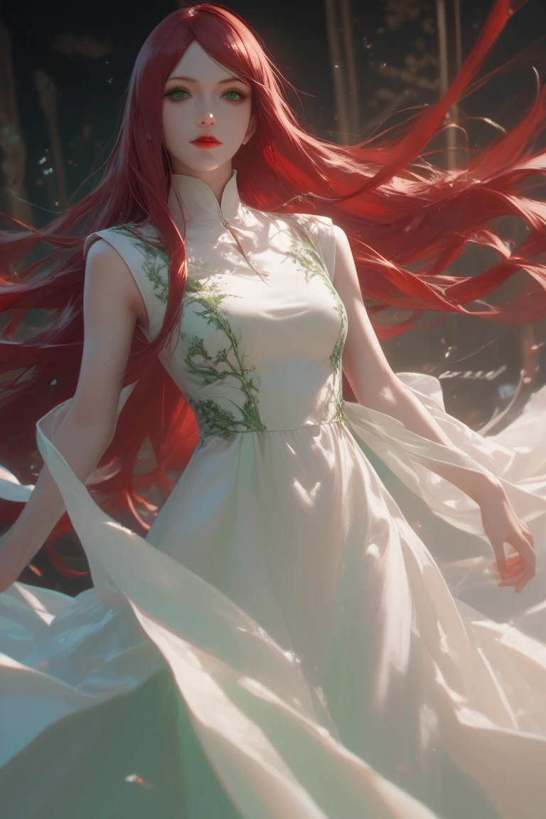 8k, 1girl, kshna, Kushina Uzumaki, red hair, long hair, green eyes, white dress, sleeveless, long dress, red lips