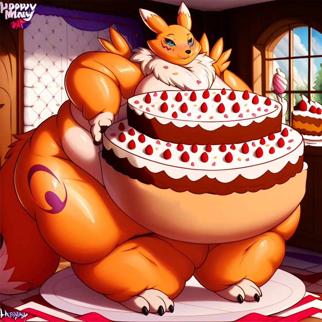 Living cake, furry, ((masterpiece)), best quality, 1girl, solo, (anthro), (detailed background, room), (smile face),   renamon, fat, chubby, obese, gigantic arms and legs, blush,