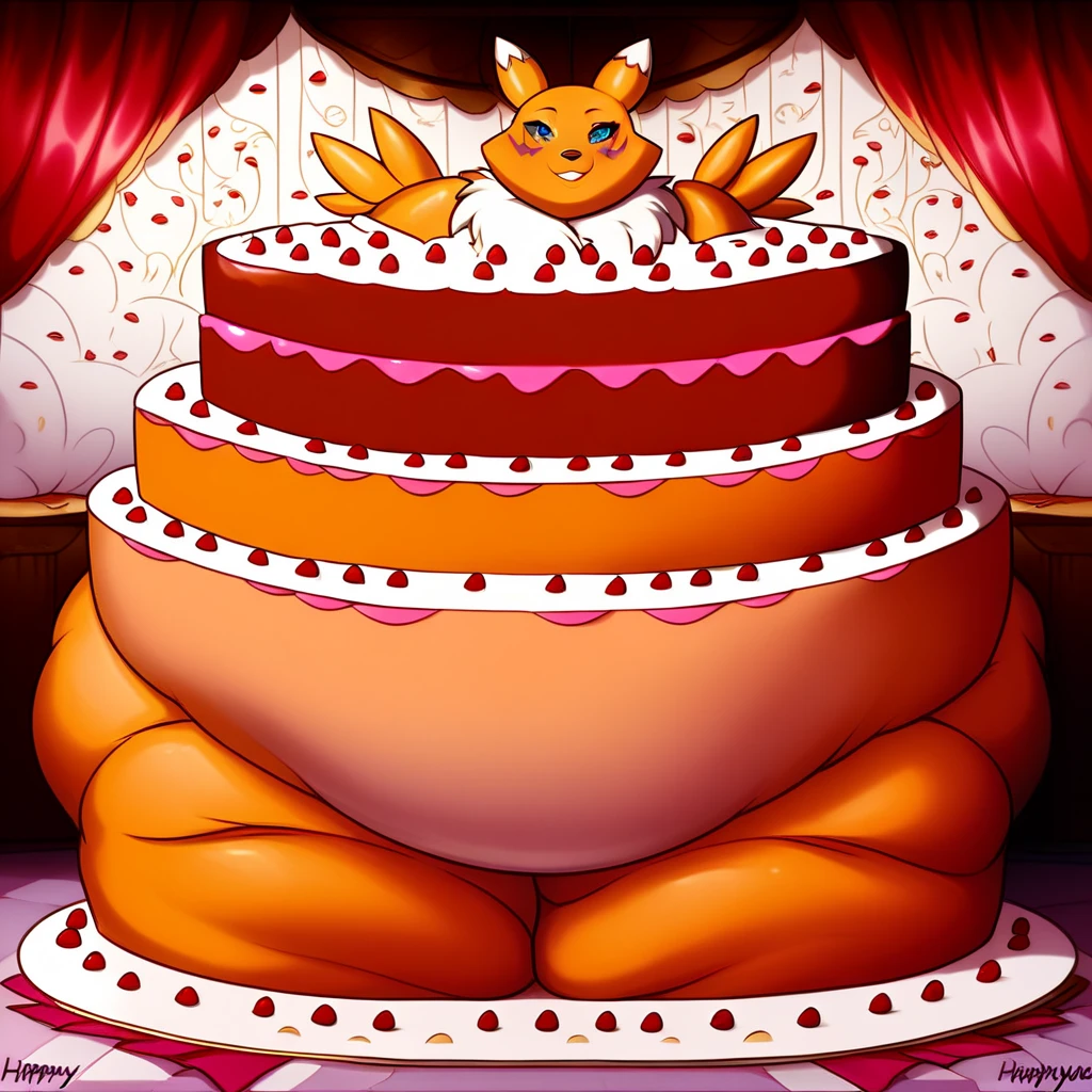 Living cake, 1girl, sfw, safe for work, shirt, looking at viewer, score_9, score_8_up, score_7_up, score_6_up, 8k, sitting on bed, tails (sonic), furry female, fox girl, fox tail, orange fur, large breasts, fat, chubby, obese, gigantic arms and legs, blush,