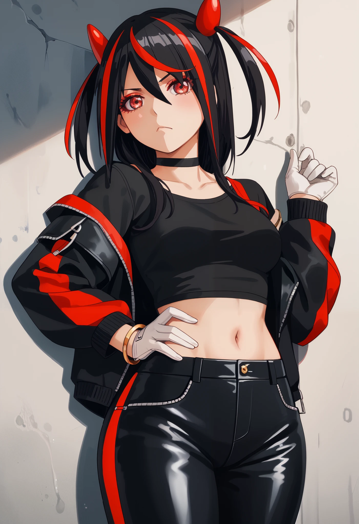 Score_9, Score_8_up, Score_7_up, bright skin: 0.1, anime_source, deep skin, high quality, high resolution, (curvy), ((wide hips)), medium breasts, cute, sexy, 1 girl, BREAK HaneruEmi, HaneruEmi, long hair, black hair, red highlights, red eyeshadow, red eyes, spiky hair, hair between eyes, side locks, black crop top, open jacket, black leather jacket, horns, choker, gold bracelet, black leather pants, white gloves, white shoes, two-tone sneakers, black stockings, abdomen, (single, (sexy pose), open leg, seduce, excite, flirt, sexual, look at viewer, frown, tease)