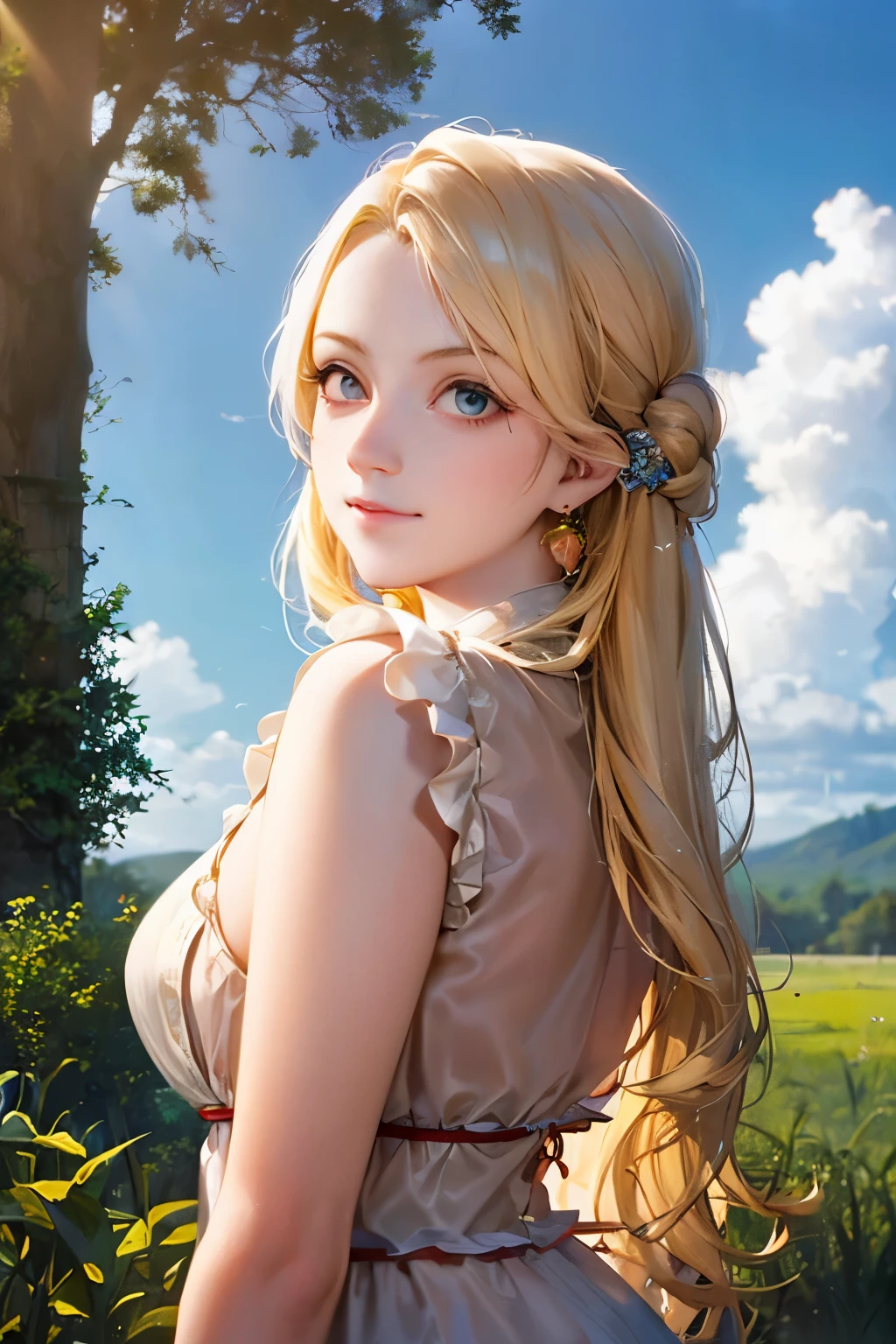 a girl standing in a field, blonde hair, radiant smile, whimsical expression, beautiful detailed eyes, beautiful detailed lips, extremely detailed face, long eyelashes, wearing a colorful flowing dress, fantasy magical realism style, glowing ethereal lighting, vibrant nature environment, lush green grass, blue sky with wispy clouds, golden hour warm tones, (best quality,4k,8k,highres,masterpiece:1.2),ultra-detailed,(realistic,photorealistic,photo-realistic:1.37)