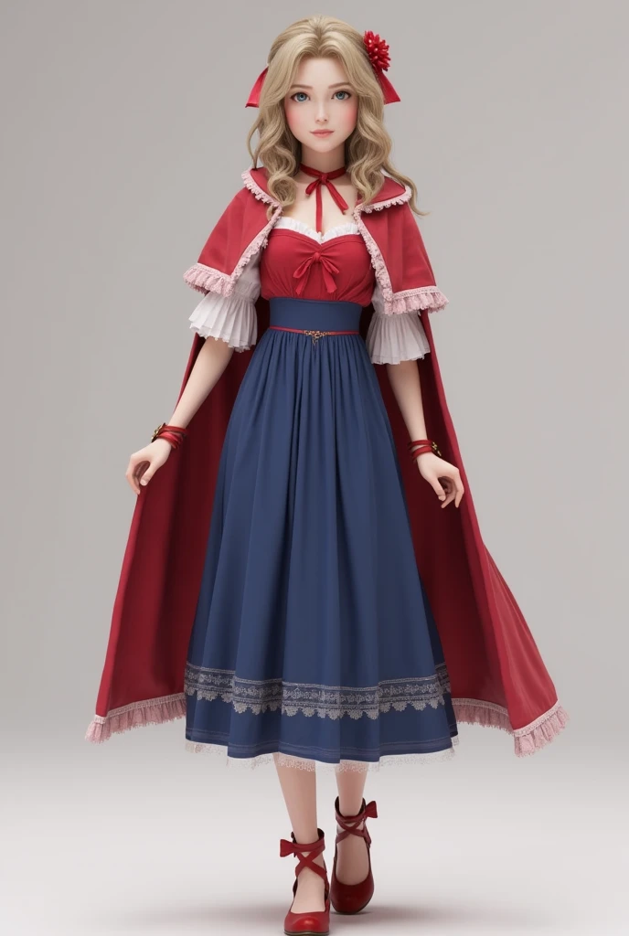 Create a stylized and detailed 3D model of a beautiful girl in medieval fantasy style. Image is a digital artwork featuring a young girl with light fair skin and almond-colored eyes, she's lively. The character has an gracious, tidy, curling, blonde hair and wears an intricate clothes of an fancy fantasy explorer consisting most of red, white, blue and pink, she Also has a red cape with white borders flowing behind her reaveling her shoulders, showing a red strapless blouse revealing her high-waisted blue skirt. The outfit includes red ribbons wrapped around her legs and red high heels. There's a red adornment in her hair. The model should be well-lit with soft shadows, showing accurate proportions and anatomical details suitable for game or animation character design. The background should be neutral or simple, ensuring the focus on the character. High resolution, intricate textures, and consistent design across all perspectives.