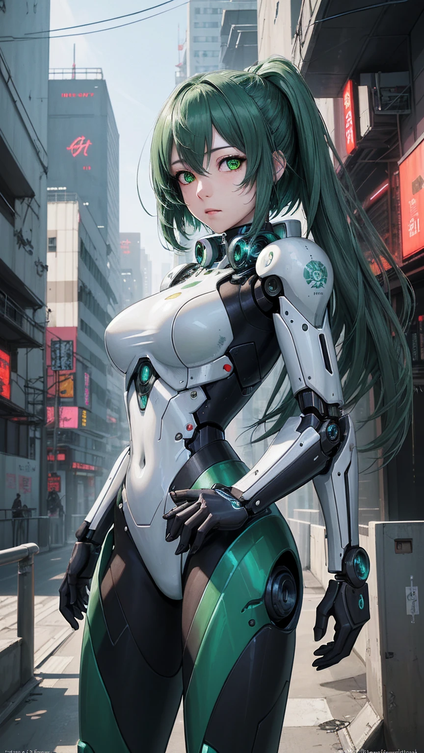 ((master piece)),best quality, (8k, best quality, masterpiece:1.2), ultra-detailed, illustration, beautiful detailed eyes, beautiful detailed hair, 1girl, solo, mecha, mecha_musume, cyborg, cool_movement, green hair, city, cyberpunk,  