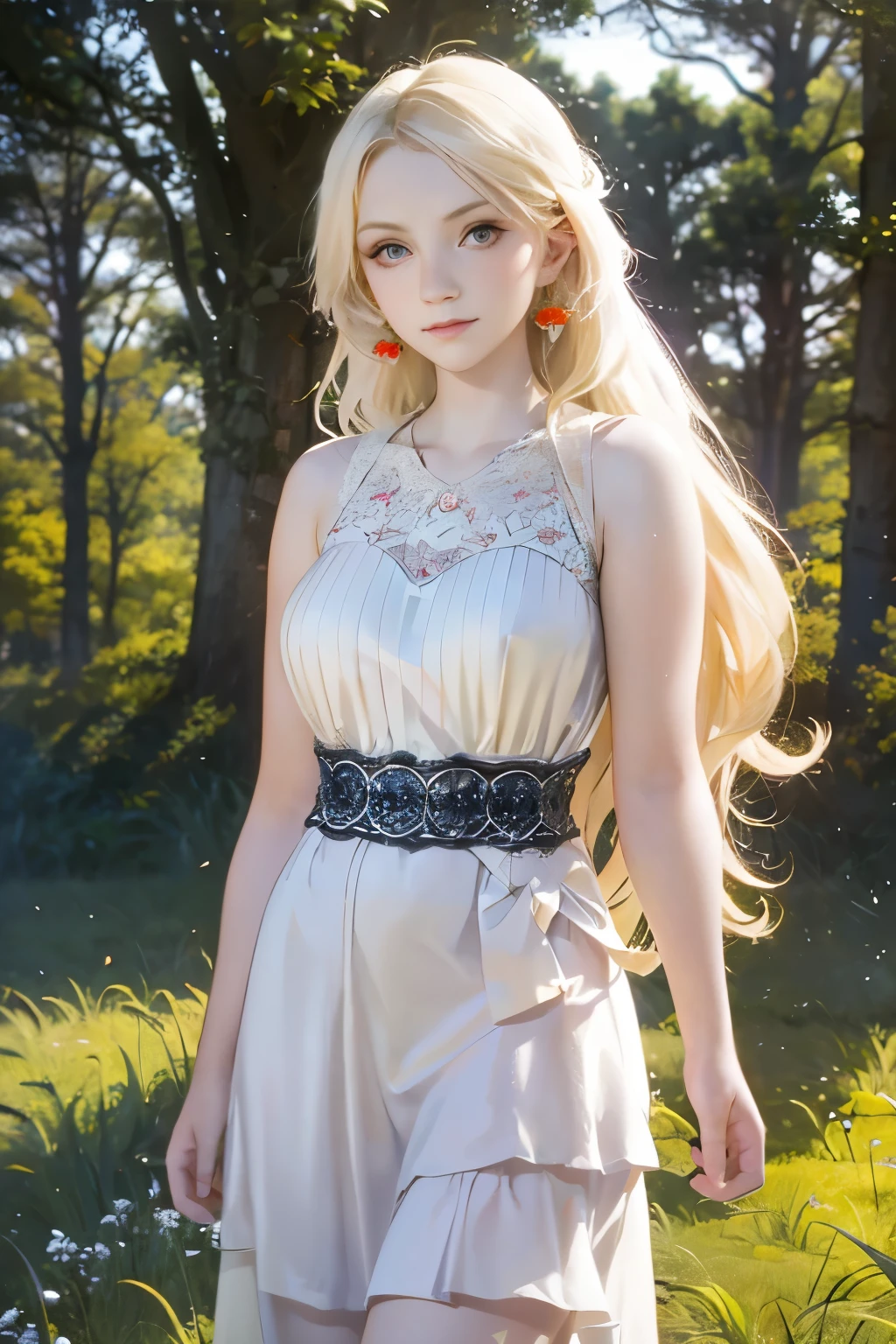 a beautiful girl with long blonde hair, big dreamy eyes, a kind gentle expression, wearing a long white dress, standing in a field of flowers, sunlight shining through the trees, cinematic lighting, fantasy, ethereal, whimsical, soft pastel colors, (best quality,4k,8k,highres,masterpiece:1.2),ultra-detailed,(realistic,photorealistic,photo-realistic:1.37)