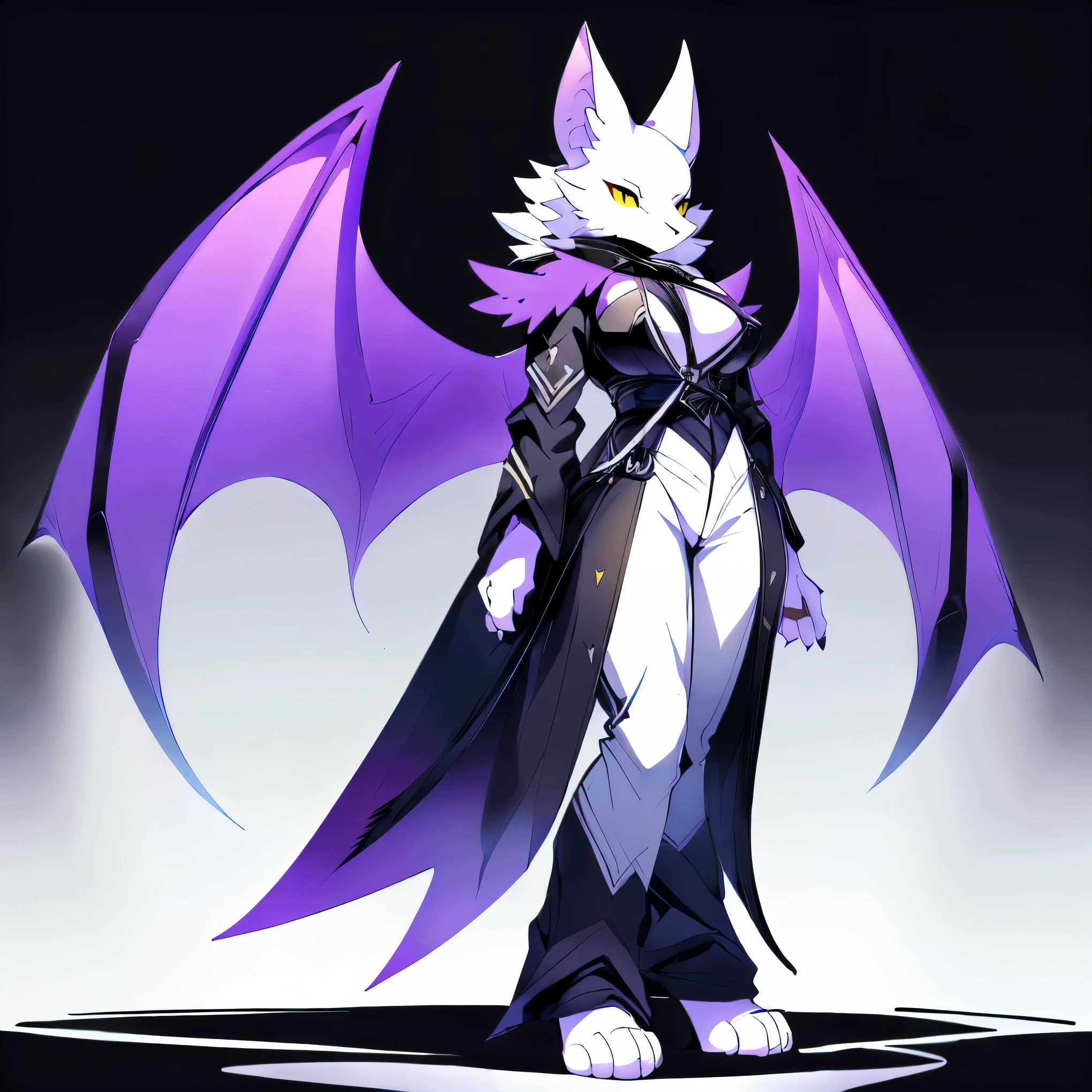 anime character with purple wings and a black cape, vampire white fox, dark fox mage, female anthropomorphic wolf, commission for high res, full body white purple cloak, fullbody commission for, official character art, female fursona, an anthropomorphic bat, fursona art, from arknights, a humanoid anthromorphic bat, detailed fanart, ((claws on paws)), ((perfect hands))