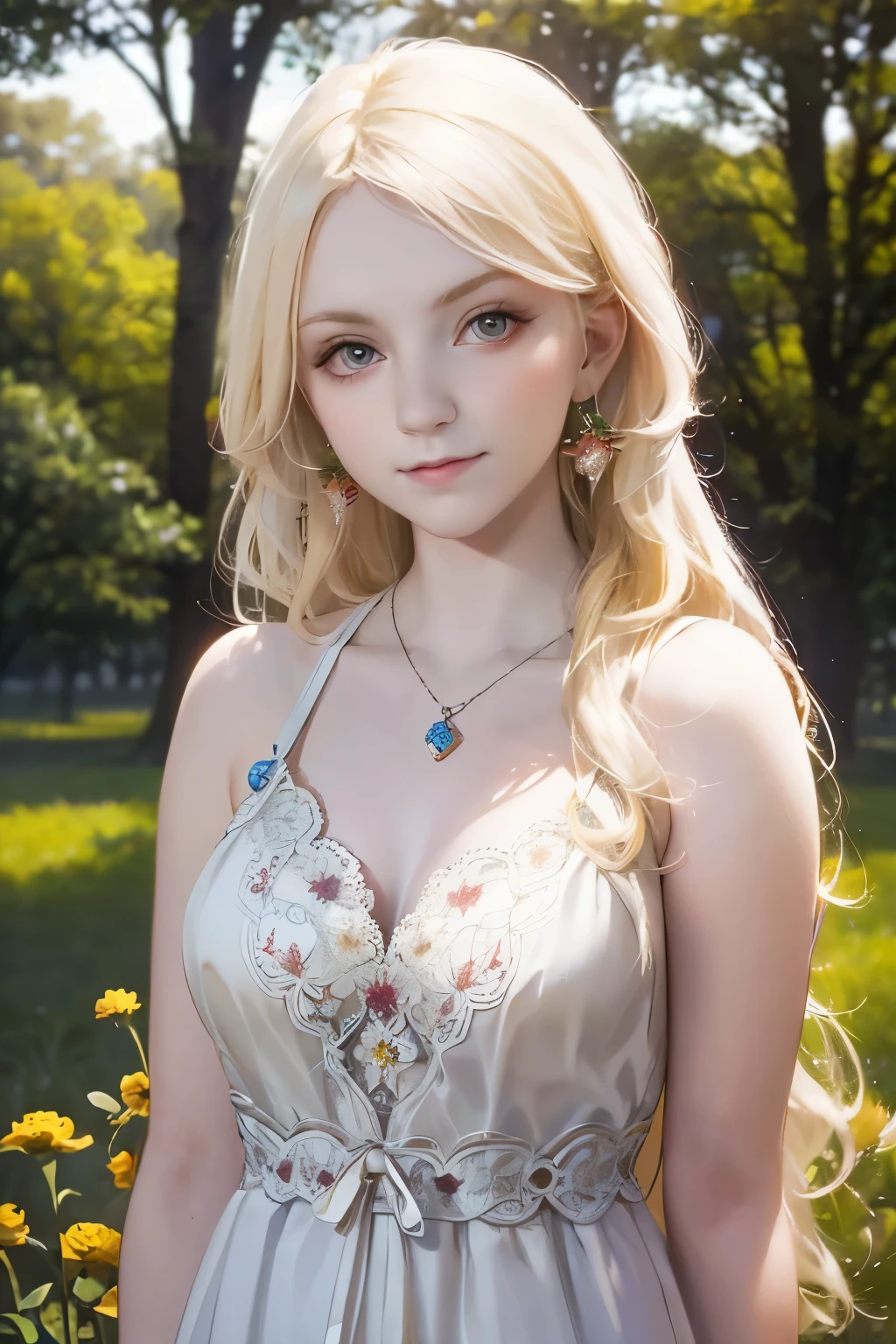 a beautiful girl with long blonde hair, big dreamy eyes, a kind gentle expression, wearing a long white dress, standing in a field of flowers, sunlight shining through the trees, cinematic lighting, fantasy, ethereal, whimsical, soft pastel colors, (best quality,4k,8k,highres,masterpiece:1.2),ultra-detailed,(realistic,photorealistic,photo-realistic:1.37)