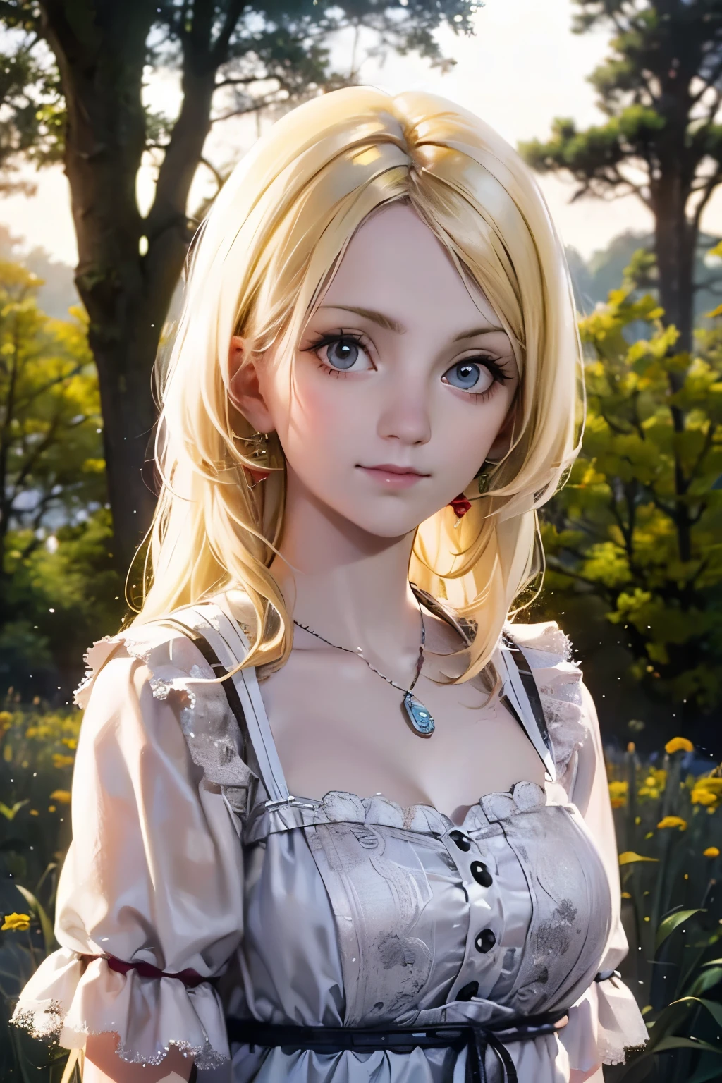 a beautiful girl with long blonde hair, big dreamy eyes, a kind gentle expression, wearing a long white dress, standing in a field of flowers, sunlight shining through the trees, cinematic lighting, fantasy, ethereal, whimsical, soft pastel colors, (best quality,4k,8k,highres,masterpiece:1.2),ultra-detailed,(realistic,photorealistic,photo-realistic:1.37)