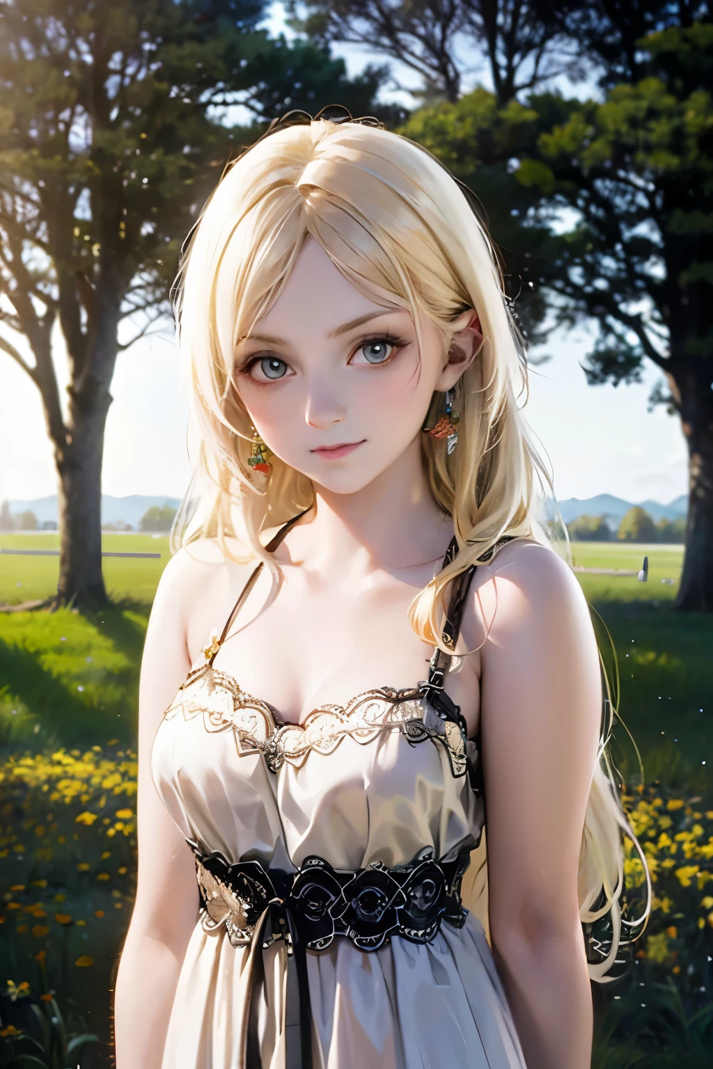 a beautiful girl with long blonde hair, big dreamy eyes, a kind gentle expression, wearing a long white dress, standing in a field of flowers, sunlight shining through the trees, cinematic lighting, fantasy, ethereal, whimsical, soft pastel colors, (best quality,4k,8k,highres,masterpiece:1.2),ultra-detailed,(realistic,photorealistic,photo-realistic:1.37)