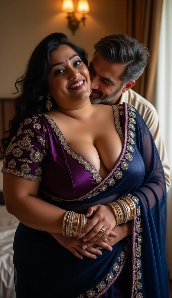 A radiant, full-figured South Indian 25 year old woman wearing a gray gown tenderly hugging a jubilant 25-year-old man while in living room, captured in a full-body image with vibrant hues and meticulous details. Belly button visible . Full body image