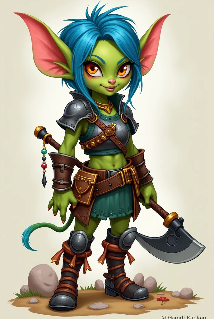 Girl, goblin girl, goblin, green skin, short, short stature,short hair, black hair, large breasts, miniskirt, latex, long gloves, thigh boots, goth, pouty lips, masterpiece, best quality, sexy, dynamic pose, 8k, shortstack, sfw, shiny, fantasy, dungeons and dragons, high heels, fishnets, holding, dark green skin, adventurer, barbarian, large hammer, armor, sexy armor, skintight armor