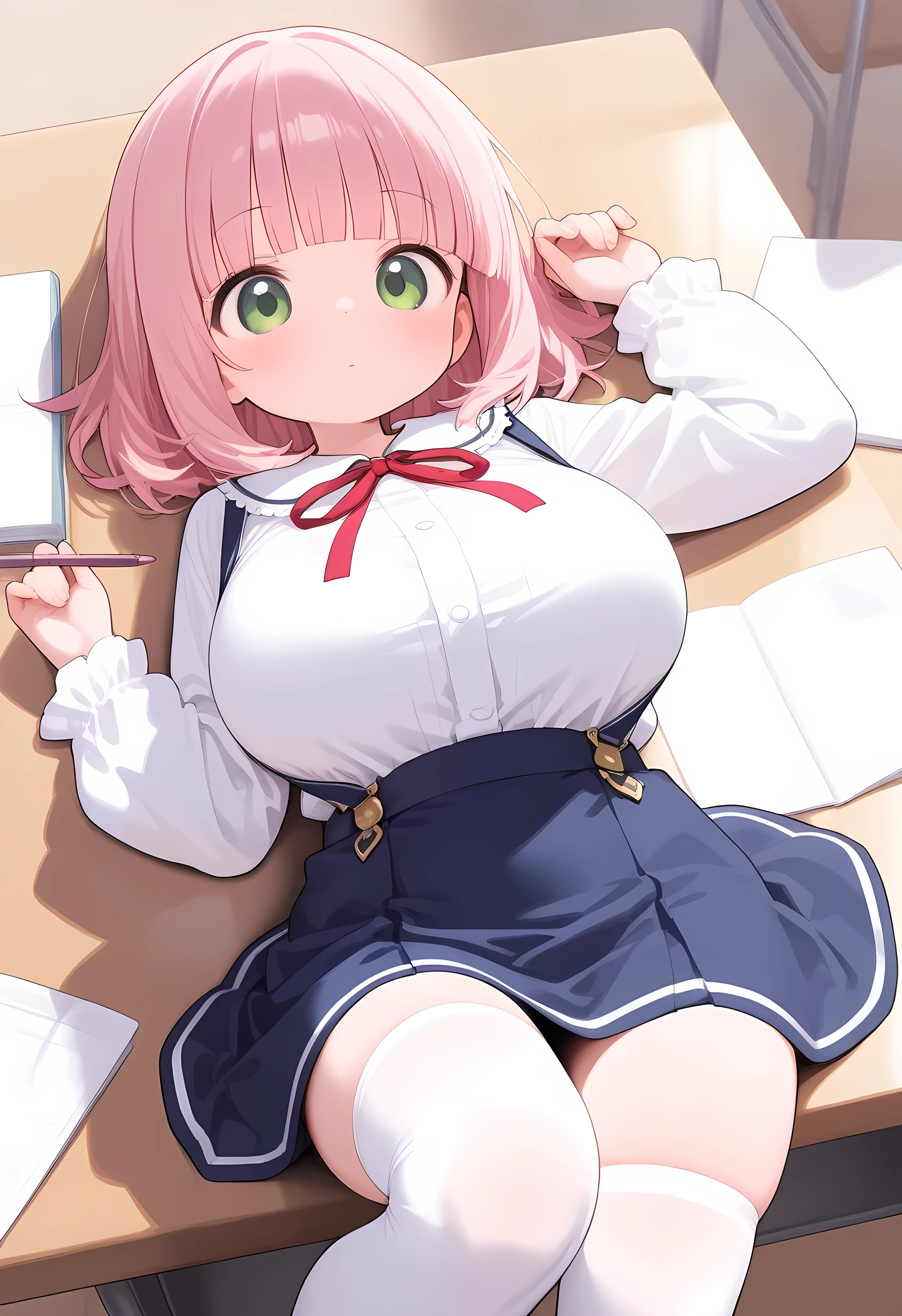 (ultra-detailed), (li:1.1),  big breasts in okunai, Long Sleeve White Blouse ,  blue suspender skirt, red chest ribbon ,  white knee-high socks ,  pink hair, blunt bangs ,  Medium Hair, Cute green eyes , Droopy eyes, (pr 8k, best quality, masterpiece, clear, ultra high res, super detail, accurate, high details,  highres, beautiful face,, beautiful eyes, Detailed eyes