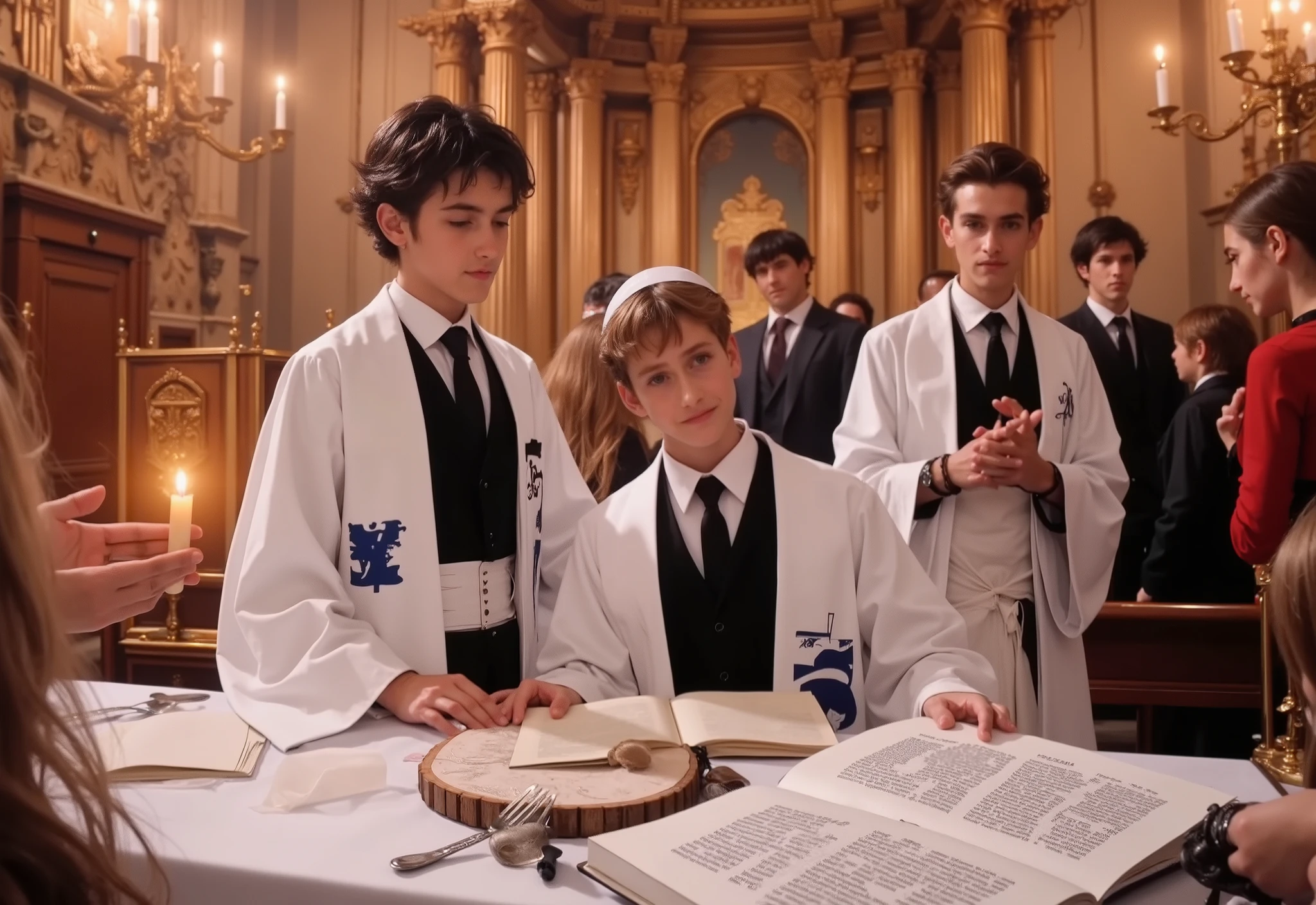 a photo of a bar mitzvah celebration:1.5, jewish boy wearing traditional clothing, surrounded by family and friends, synagogue interior with ornate decorations, candles and chandeliers, chuppah canopy, torah scrolls, joyful atmosphere, warm lighting, documentary style photography, realistic, highly detailed, cinematic, masterpiece