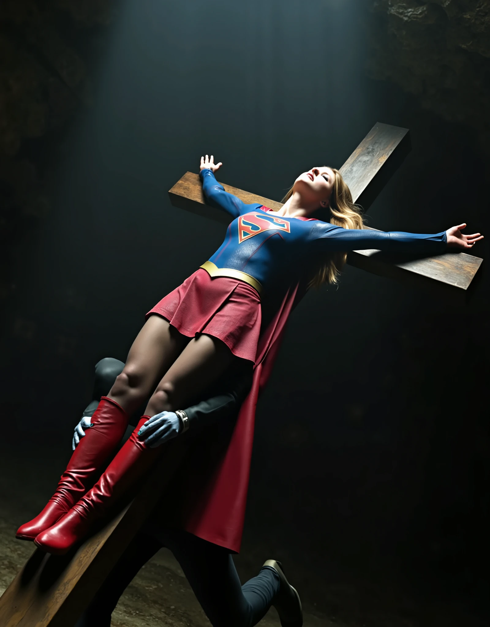 Melissa Benoist as Supergirl, the Supergirl is lying crucified attach the cross, her wrists are bounded to the cross by chain, she is unconscious, eyes close, She is wearing a Supergirl costume with red skirt, pantyhose and red knee height boots, her condition is tired, injury, tattered clothes, painful face, a devil kneel over her body and hugging her legs, in the cave,