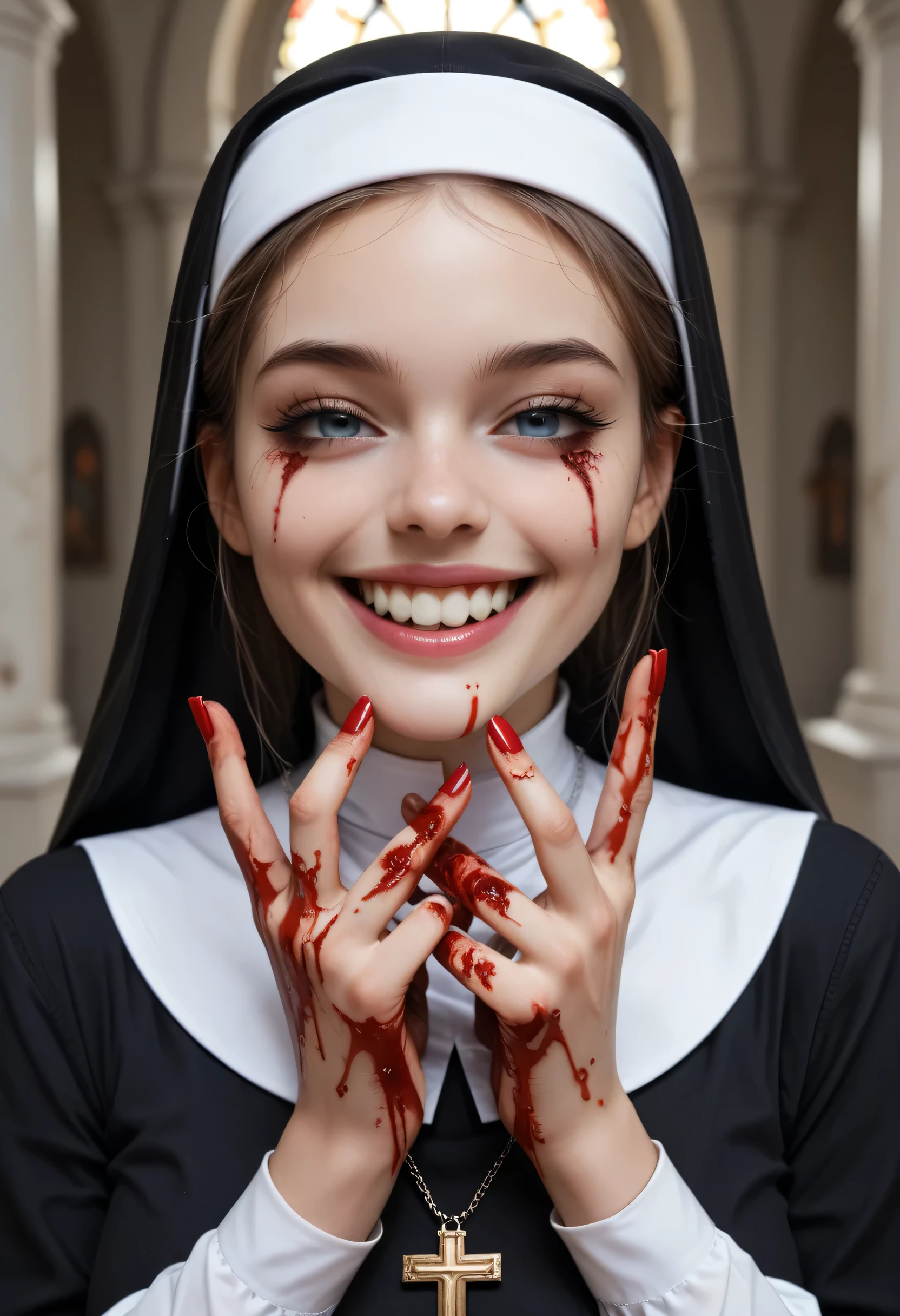80 year old sexy Nun. torn nun outfit, bloody hands, zombie features, evil grin on face, showing teeth