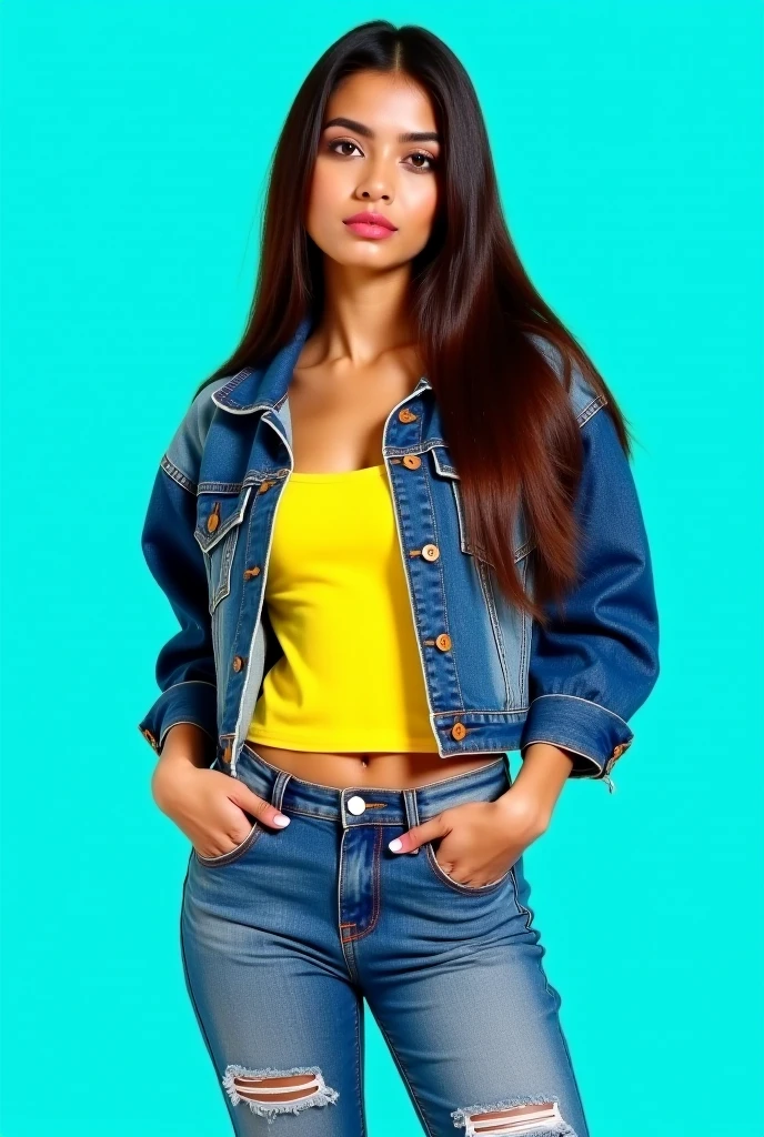 Sexy Malay woman white tank top and wear jeans jacket, jeans pants, in front of a yellow and light blue background, laughing, glasses, hijab, medium breast, slim, small abs, wide waist,