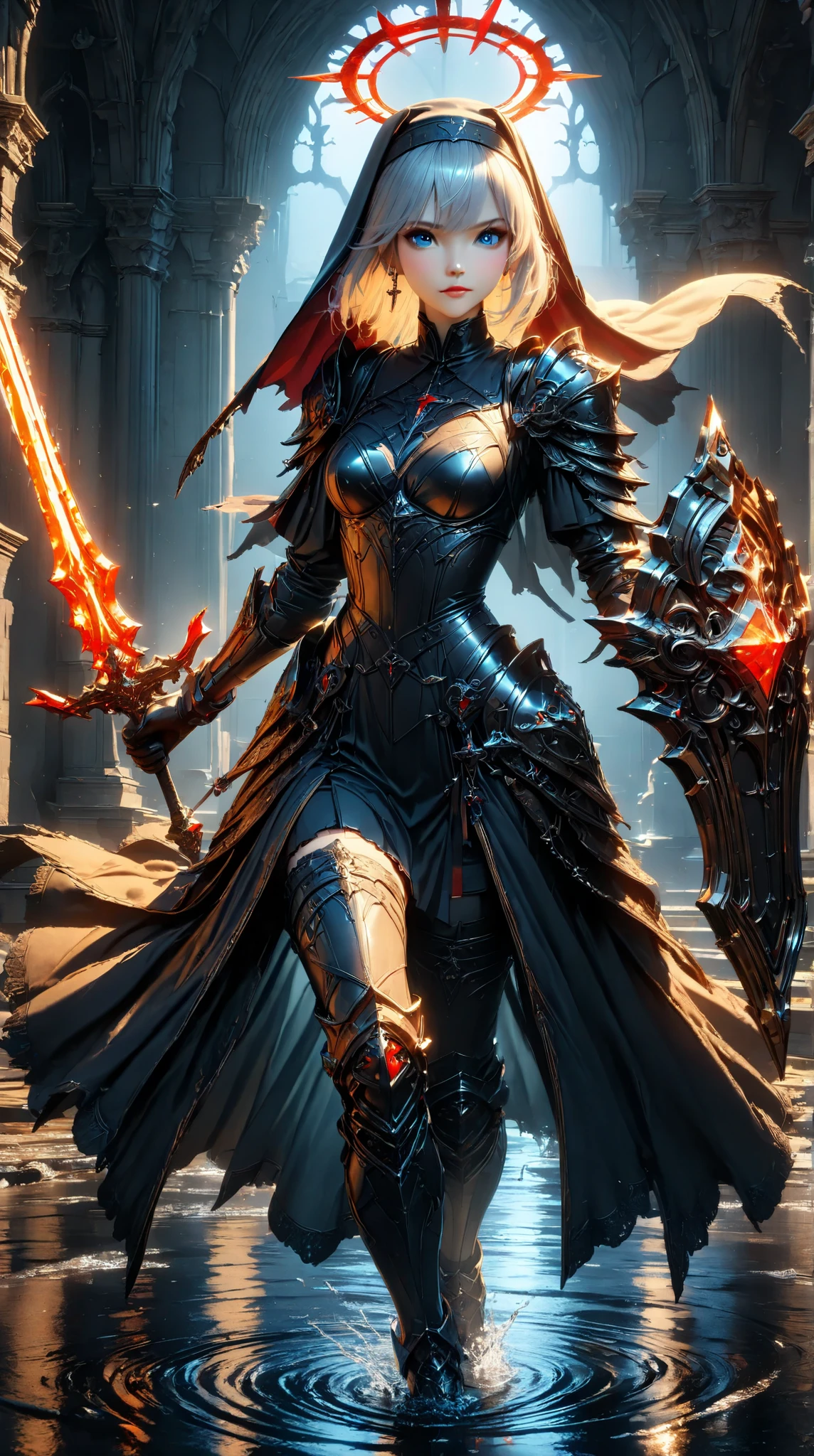 (best quality), (ultra quality), (4k resolution), (8k resolution), (ultra highres),
(extremely detailed), (ultra detailed), (finely detailed), (high quality),
(exceptionally detailed), (masterpiece), (detailed), (exquisite), (photo-realistic),
(soft lighting), (high definition), (intricate details), (high contrast),
(natural lighting), (high quality rendering), (vibrant colors), (meticulous details),
(realistic textures), (high definition art), (stylish design), (3D effect), (classic style),
high angle,(1girl:1.3), (solo:1.3), chiffon, silver hair, blue eyes, nun, habit, black uniform, gloves, complicated angle halo, golden trimmed, earrings, jewelry, one sword, holding ,holding weapon , holding sword, dark background, water, church, reflection.