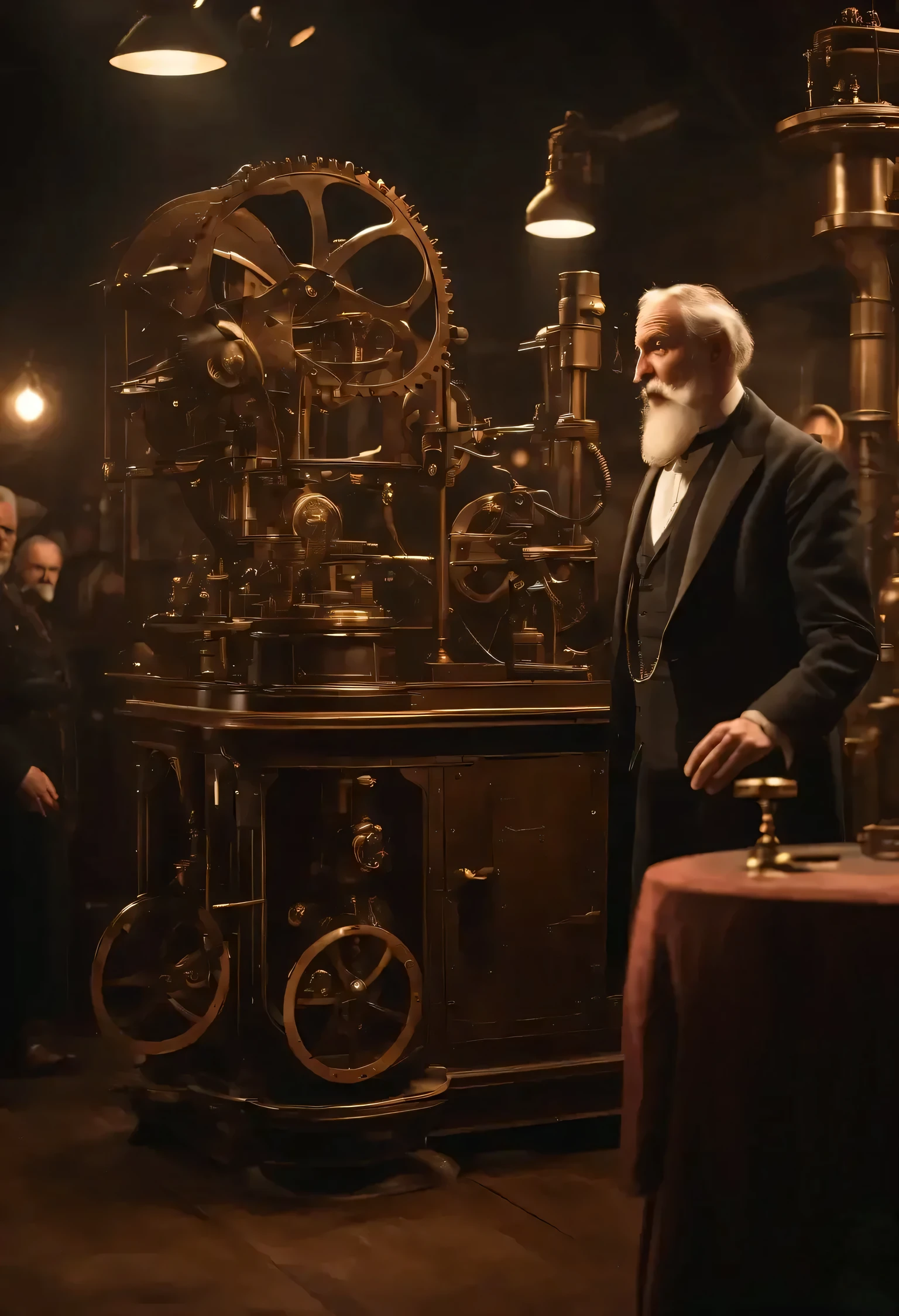 A man with a long beard and a silk hat is standing in front of many people, There is a man standing in front of a clock with a long beard ,  movie screenshot ,  still frame , Inside the steampunk lab ,  Steampunk Wizard ,  STILLS FROM THE TV SERIES ,  stills from movies ,  STEAMPUNK STYLE AESTHETICS , Steampunk era,  he's in an alchemist's lab 