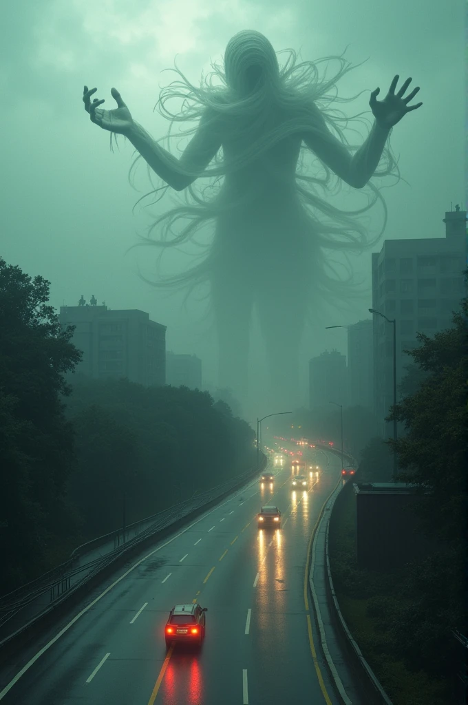 horror scene from a movie, giant tall pump figures semi transparent apparitions floating and flying, smoke on the floor, in city street, running crowd running away