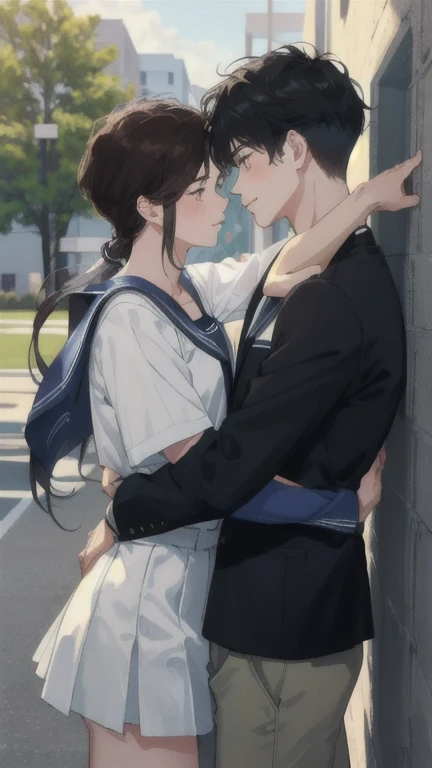 Two boys hugging each other at a university, wearing sexy high school clothes ,  on a hot summer day , sexy:1,5, yuri, gay,  Not fit for work , lewd:1,5