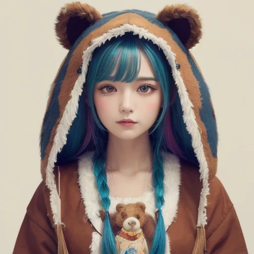 (Masterpiece:1.4), ( best quality :1.4),  VERY DETAILED,  complicated,  more details, ( perfect face),  illustration, Soft Writing, full_body,  1 GIRL, Lonely,  For hair,  colorful ,  colorized, from_On top of that ,Bear_ costume , prison 