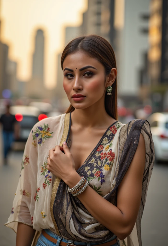 "A hyper-realistic depiction of a slim 28-year-old Indian Gujarati woman in a fusion style outfit, wearing a contemporary cotton kurta with denim jeans. Her minimalistic silver nose ring stands out against her radiant skin, and she wears a simple bracelet as an accessory. Her hair is tied into a sleek ponytail, and her expression is confident and vibrant. The background is a bustling cityscape during the golden hour, with blurred elements to highlight the subject in sharp detail. Every fabric texture, jewelry detail, and expression is captured in vivid HD 4K resolution."
