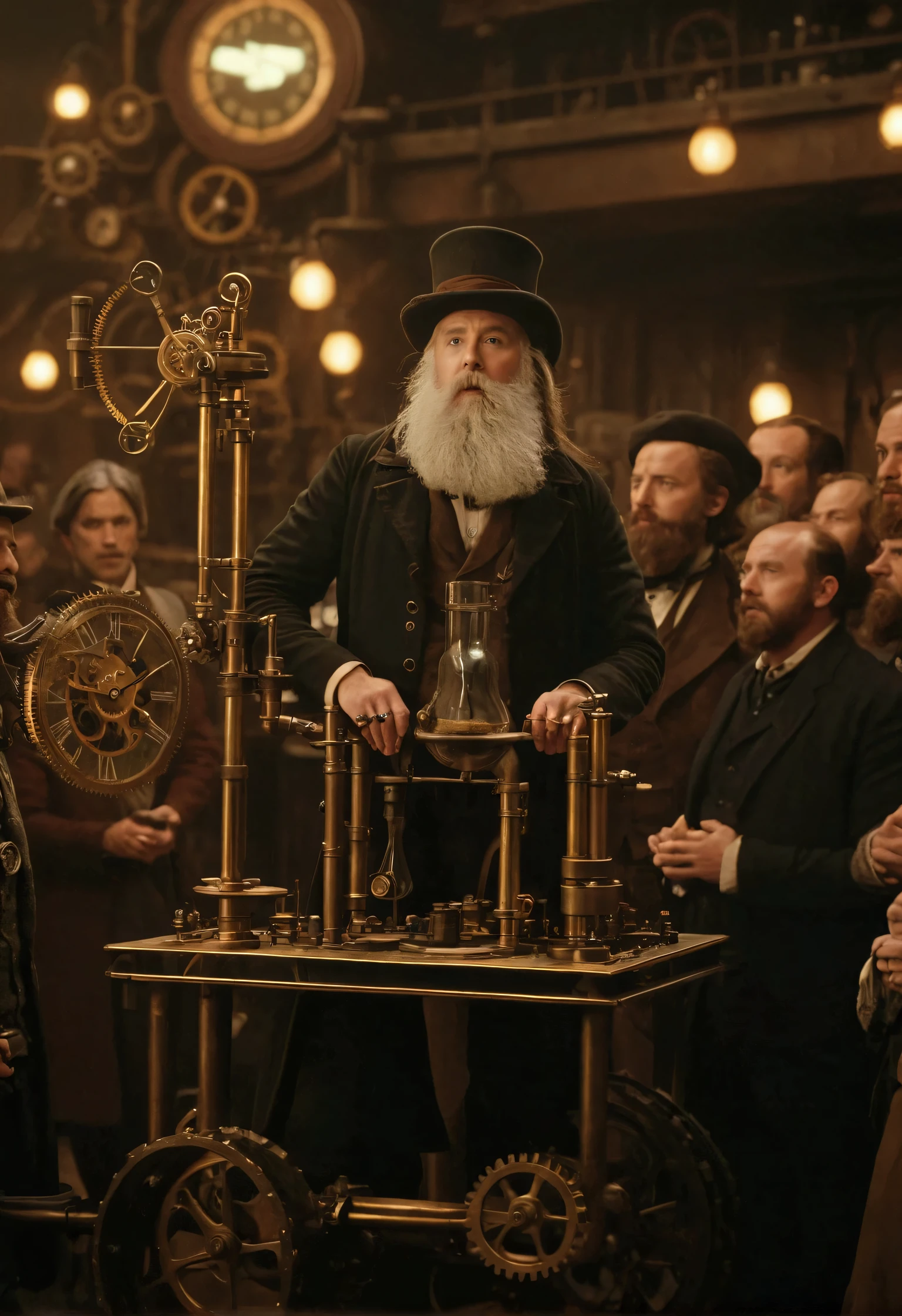 A man with a long beard and a silk hat is standing in front of many people, There is a man standing in front of a clock with a long beard ,  movie screenshot ,  still frame , Inside the steampunk lab ,  Steampunk Wizard ,  STILLS FROM THE TV SERIES ,  stills from movies ,  STEAMPUNK STYLE AESTHETICS , Steampunk era,  he's in an alchemist's lab 