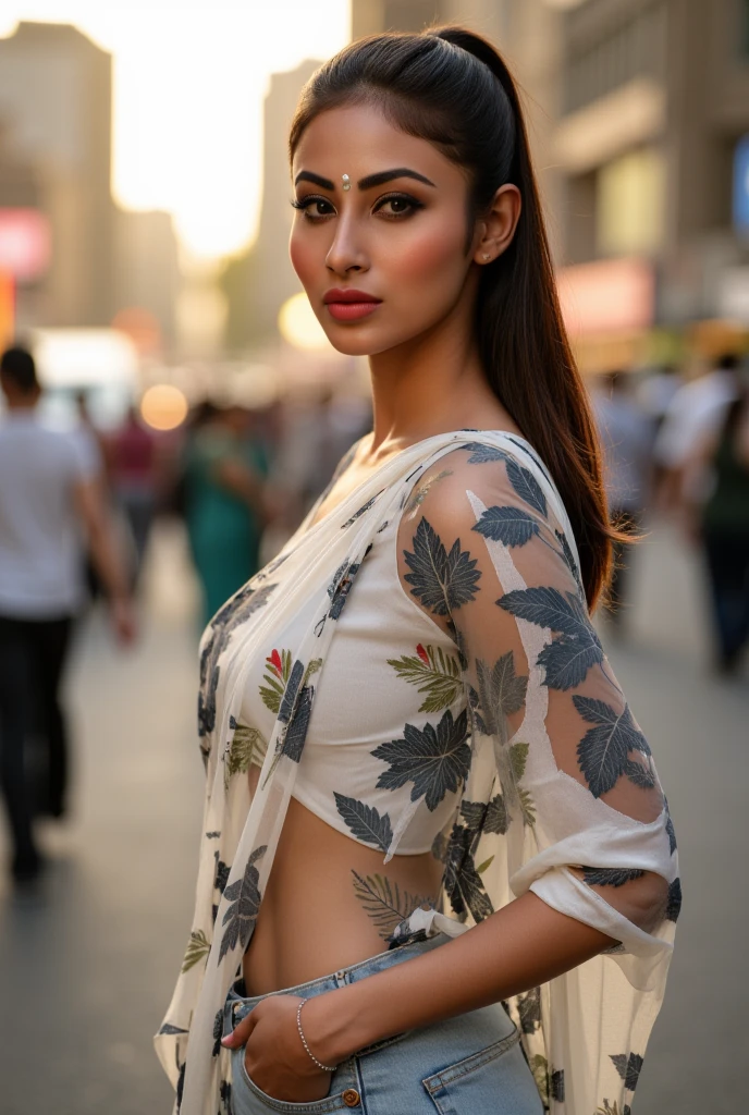 "A hyper-realistic depiction of a slim 28-year-old Indian Gujarati woman in a fusion style outfit, wearing a contemporary cotton kurta with denim jeans. Her minimalistic silver nose ring stands out against her radiant skin, and she wears a simple bracelet as an accessory. Her hair is tied into a sleek ponytail, and her expression is confident and vibrant. The background is a bustling cityscape during the golden hour, with blurred elements to highlight the subject in sharp detail. Every fabric texture, jewelry detail, and expression is captured in vivid HD 4K resolution."
