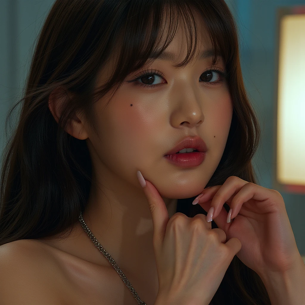 RAW photo, upper body photo of a beautiful korean girl with long hair wearing halter dress, necklace, dslr, soft lighting, high quality, film grain,  light reflections, blood vessels,  pale skin, skin pores,blood vessels in sclera, detailed skin, beauty spots, skin fuzz, big lips, bimbo lips, voluptous, wide hips, wearing a tight school uniform, big breast, {{big buttocks}}, long rose pink nails, behind angle, detailed light, perfect shadows, gloss skin, realistic, detailed face, masterpiece, highly detailed,  image 4k, anatomicamente correct, photo-realistic