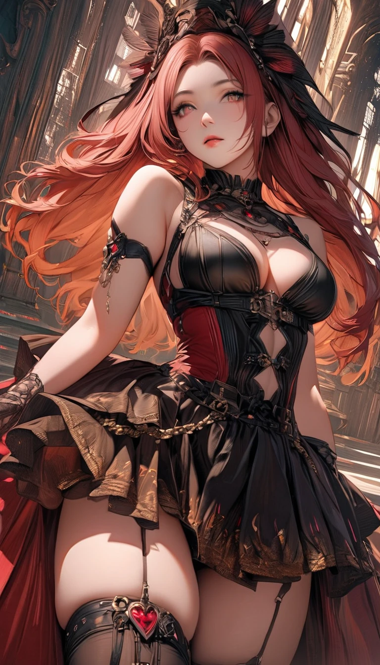 masterpiece, best quality, high resolution, aloe vera 1, 1 girl, steppe, meadow, solo, pointed ears, multicolored hair, asymmetrical horns, demon horns, hair accessories, blonde hair, chest strap, thighs, long hair, asymmetrical pants, pink hair, sleeveless, bare shoulders, demon tail, thigh straps, wristcuffs, green eyes, armbands, skirt, horn bow, mismatched legs, sleeveless corner ornaments, bangs, uneven legs, hair between eyes, leaning forward, pointing, frowning,