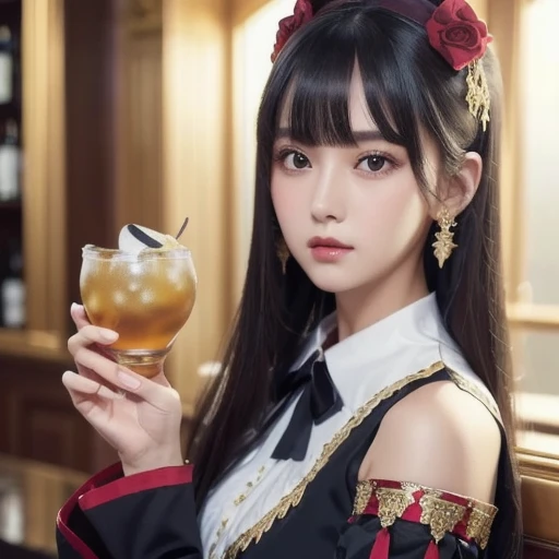  best quality , ( photorealistic:1.2),  1 GIRL, Alone,  detailed face ,  focus on face ,  is standing,  black hair,( hair ornament having alcohol together :1.35),OL, ribbon-trimmed sleeves,   detach sleeve , Ribbon trim,  wide sleeve, ( stare at viewers:1.5)  long hair,  dark eyes, bangs, lips,