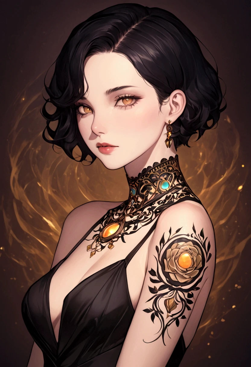a sexy woman (Dark feminine energy) siren eye,with brown pupils,white skin, round chest, black hair (short hair), wavy, shiny, smooth.firm face shape, with a dark aura. plain background.25 years old.modern background,(show half body), body shape: Hourglass(tattoo on arm and neck.wearing a sexy black dress.