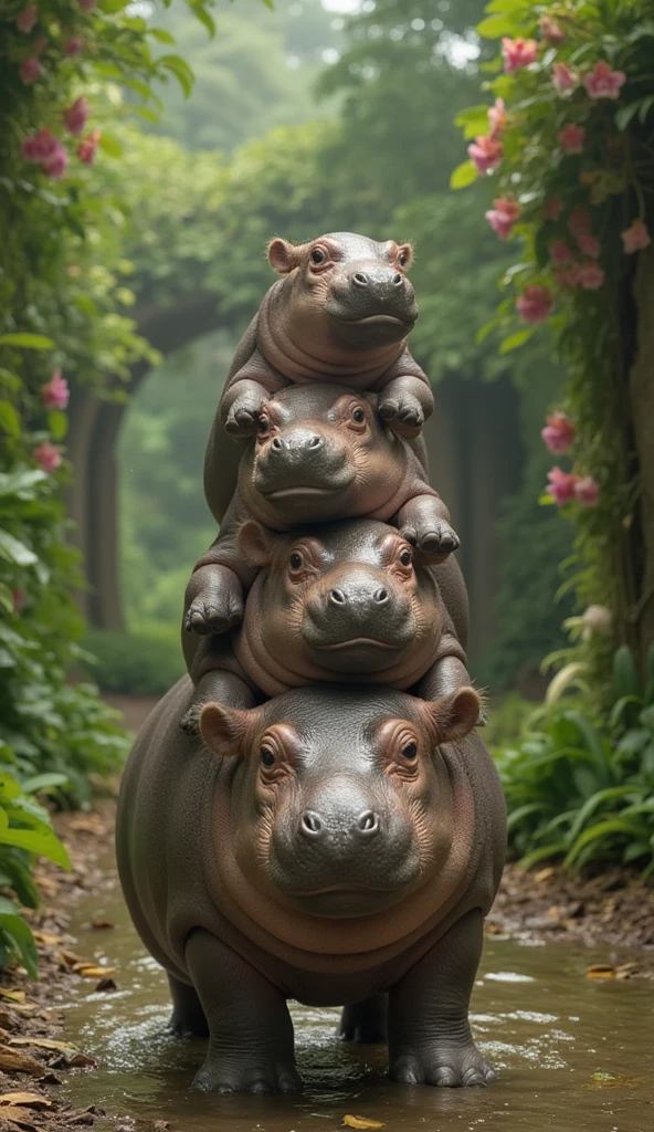 Photo of three cute little hippo babies riding in the back, starting from the bottom one, one big, the second one small, and the top one small. The open zoo is lush with 100 species of ivy and 100 other orchids perched on the top. It is very colorful and beautiful.