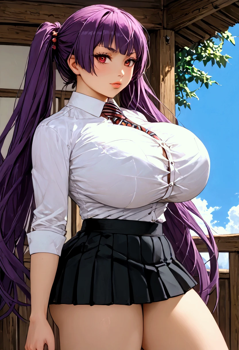 (((Kamiki Izumo )))、(((Purple Hair)))、((( Twin Tails)))、((( full bangs)))、((( white shirt)))、((( red tie)))、(((Pink micro mini skirt)))、(((clothing))),(((( super huge ,  abnormally swollen breasts  ))))、(((HYPER Breast))),((( super huge  ass)))、(((  plump body )))、((( thighs)))、((((( blue sky)))))、(((((Turf)))))、{{{NFSW}}}、{{{masterpiece}}}, {{{ best quality }}}, {{ultra-  Details}}, {{shape}}, {{{  so delicate and beautiful }}},{{extremely  Details CG}}、{{  Unity 8k Portrait}}、{{Fabric Shading}}、{{super  Details skin}}、{{ COMPLETE ANATOMY }}、{{  Details}}、{{Moving Light}}、{{{beautiful  Details eyes}}}、{{{beautiful  Details Face}}}、{{{ realistic, Live Anime}}}、{{{  anime paint}}}、(  perfect face)、(非常に  Detailsな顔)、(  perfect eyes)、( ハイライツ)、(  perfect legs )、( Perfect Breasts )、(Perfect pose)、(  perfect body )、((  cowboy shots))、(((((  Dynamic Depiction  )))))、(((((the above)))))