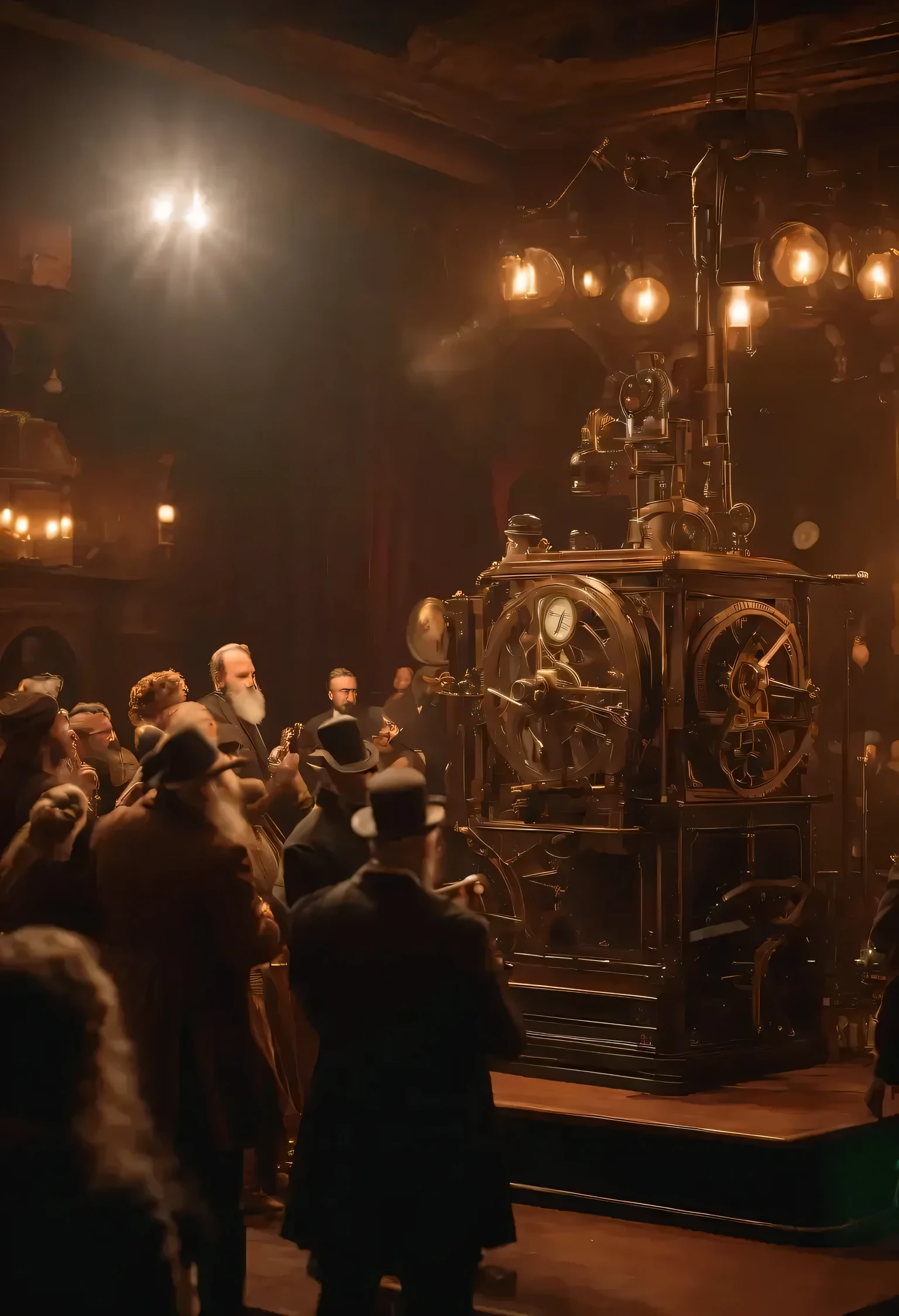 A man with a long beard and a silk hat is standing in front of many people, There is a man standing in front of a clock with a long beard ,  movie screenshot ,  still frame , Inside the steampunk lab ,  Steampunk Wizard ,  STILLS FROM THE TV SERIES ,  stills from movies ,  STEAMPUNK STYLE AESTHETICS , Steampunk era,  he's in an alchemist's lab 