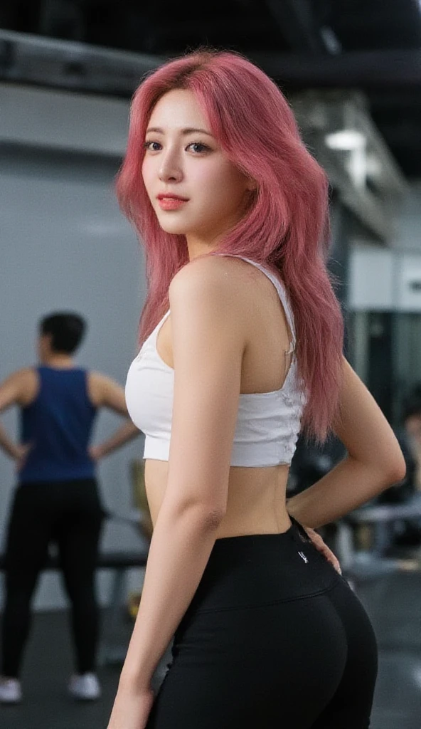 8k 4k masterpiece photo multi color hair, at a gym. Slim tone body, small sized breast, medium sized butt, arm tattoo, black leggings, white sports bra, back at viewer, smiling, blue eyes, ass, nice lighting, super detail,