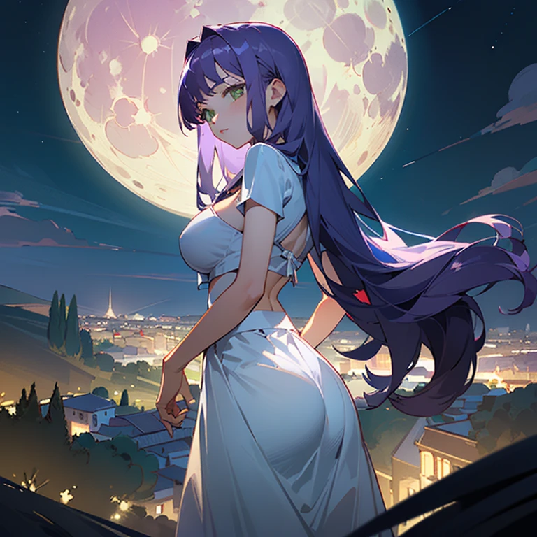 masterpiece, best quality, fantina, quadtails, strapless purple dress, elbow gloves, upper body, hands to heart, from side, night sky, moon <lora:fantina-nv-v2-000012:1.0>