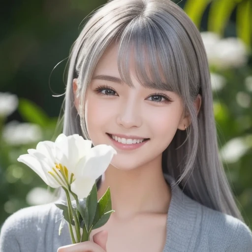 Masterpiece,  best quality ,  1 GIRL, Gray Hair,  smiles,  stare at viewers, adult, Fully Matured,  holding flower