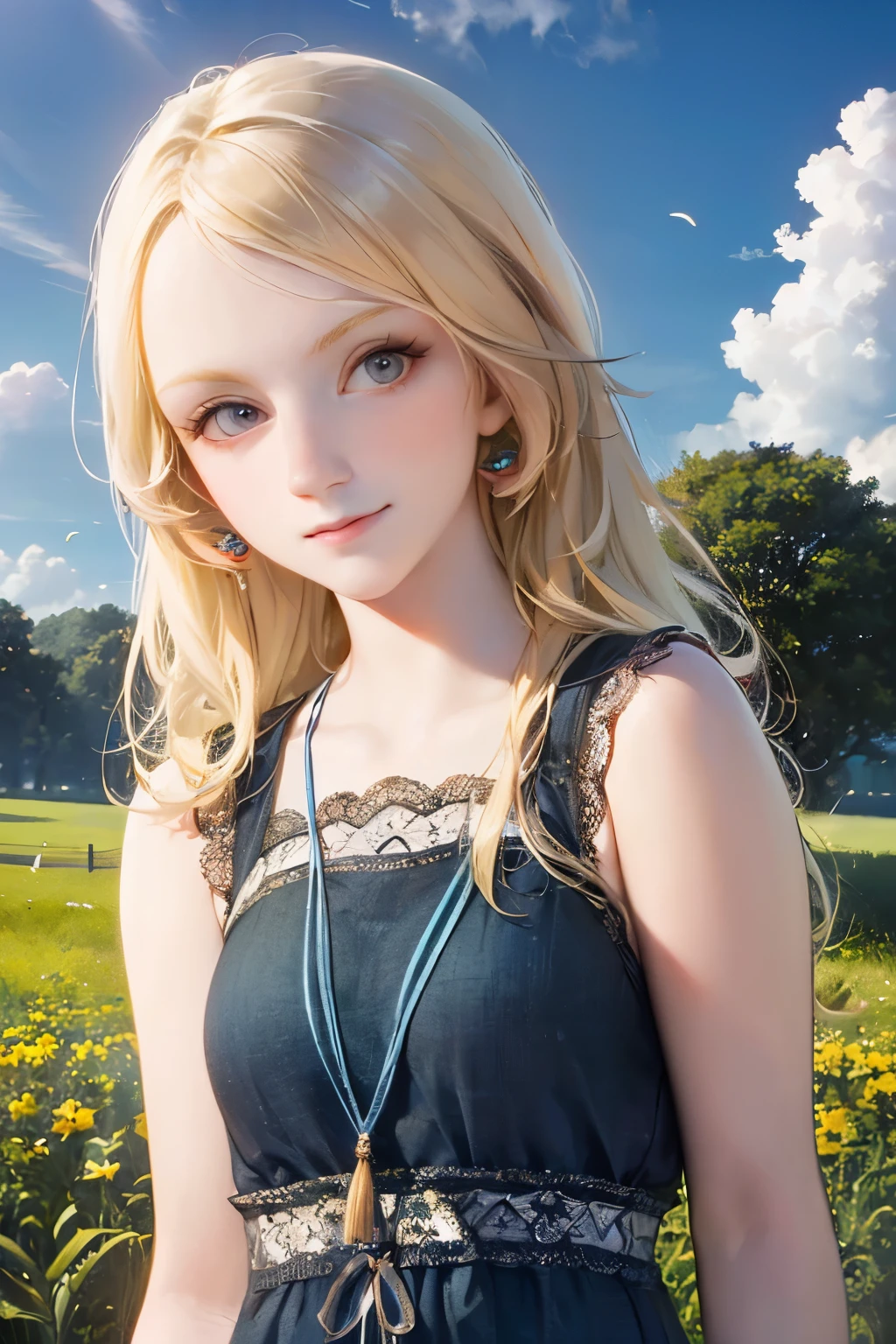 a girl standing in a field, blonde hair, radiant smile, whimsical expression, beautiful detailed eyes, beautiful detailed lips, extremely detailed face, long eyelashes, wearing a colorful flowing dress, fantasy magical realism style, glowing ethereal lighting, vibrant nature environment, lush green grass, blue sky with wispy clouds, golden hour warm tones, (best quality,4k,8k,highres,masterpiece:1.2),ultra-detailed,(realistic,photorealistic,photo-realistic:1.37)