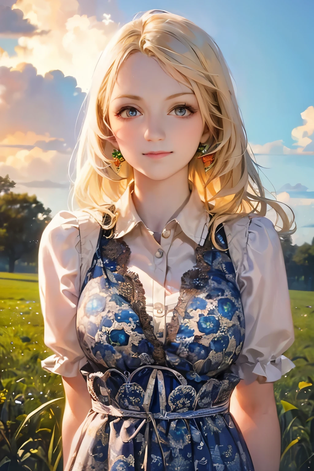 a girl standing in a field, blonde hair, radiant smile, whimsical expression, beautiful detailed eyes, beautiful detailed lips, extremely detailed face, long eyelashes, wearing a colorful flowing dress, fantasy magical realism style, glowing ethereal lighting, vibrant nature environment, lush green grass, blue sky with wispy clouds, golden hour warm tones, (best quality,4k,8k,highres,masterpiece:1.2),ultra-detailed,(realistic,photorealistic,photo-realistic:1.37)