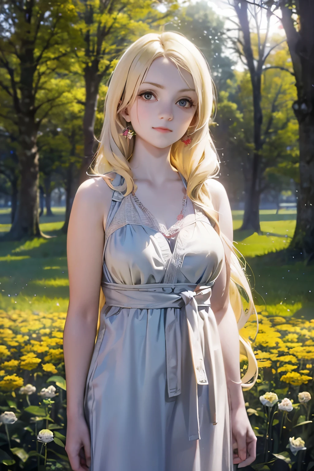 a beautiful girl with long blonde hair, big dreamy eyes, a kind gentle expression, wearing a long white dress, standing in a field of flowers, sunlight shining through the trees, cinematic lighting, fantasy, ethereal, whimsical, soft pastel colors, (best quality,4k,8k,highres,masterpiece:1.2),ultra-detailed,(realistic,photorealistic,photo-realistic:1.37)