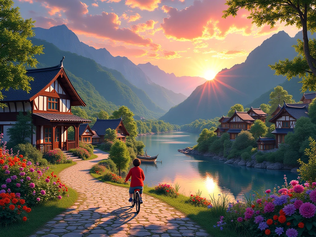 8K,k hd，CG,Complex textures，Complex scenes，Large depth of field，bird's eyes view，Complex light，The rising sun，Chinese farmhouses，Morning mist，uni，lakes，（the motorcycle），tenten，A man is fishing