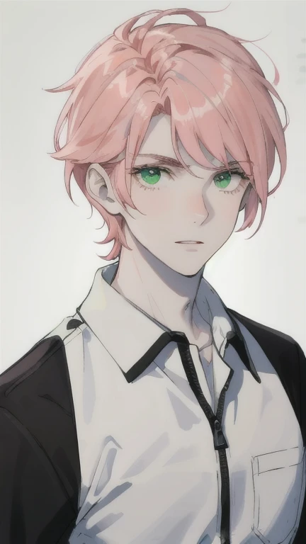 A pale boy with green eyes and pink hair 